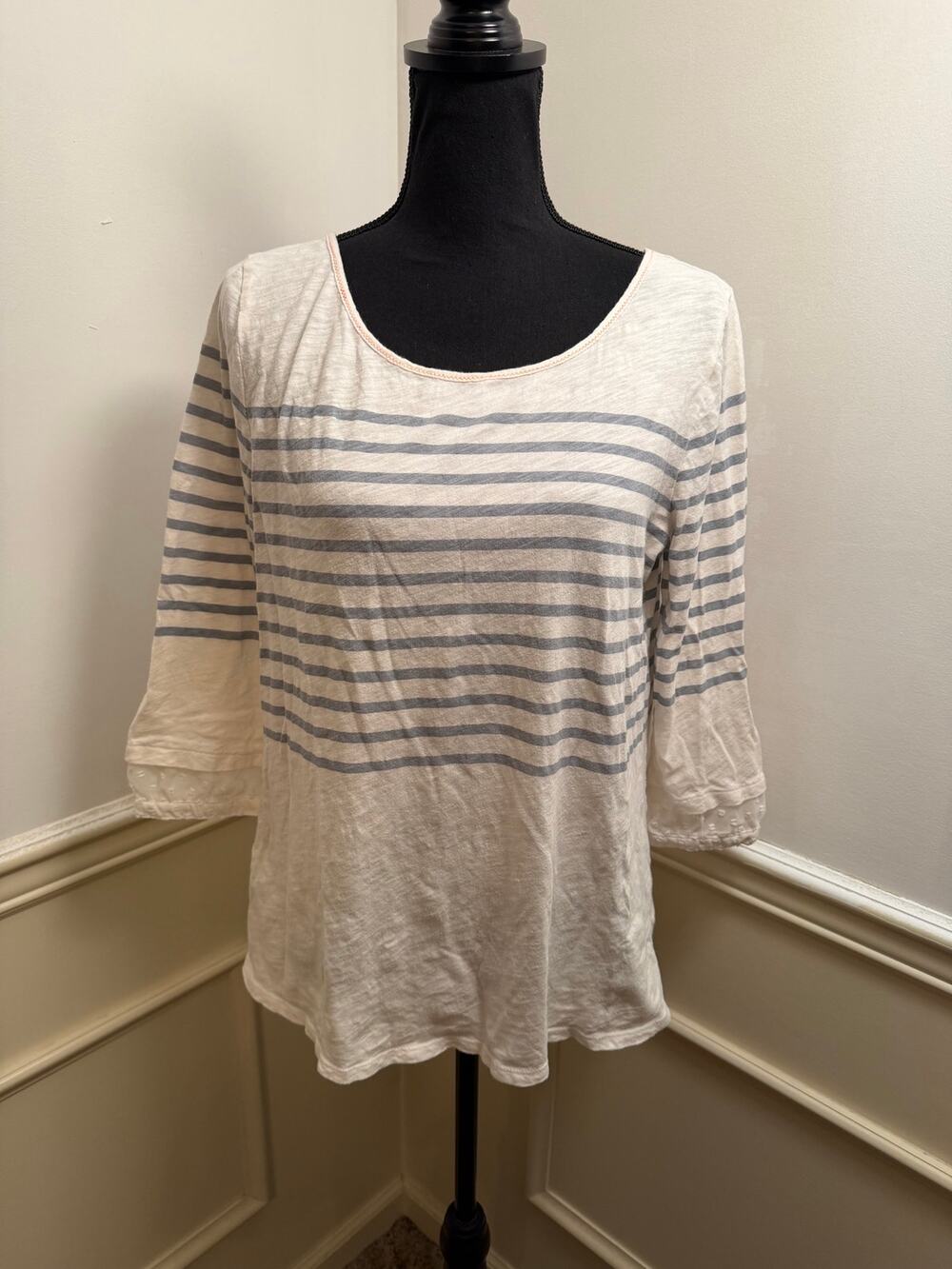 Anthropologie Little Yellow Button Striped Mixed Media 3/4 Sleeve Top Coastal